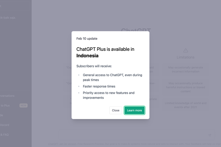 ChatGPT Chatbot berbasis kecerdasan buatan (AI) besutan OpenAI versi berbayar kini resmi hadir di Indonesia
