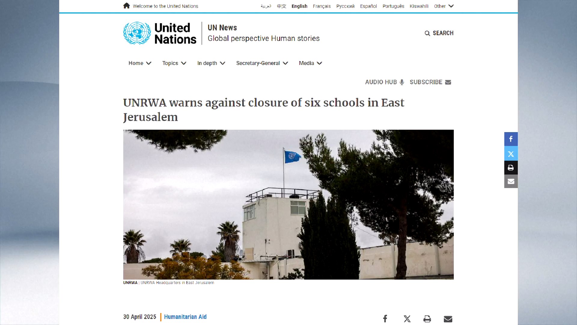 Badan Bantuan dan Pekerjaan Perserikatan Bangsa-Bangsa untuk Pengungsi Palestina di Timur Dekat (UNRWA) pada hari Rabu memperingatkan bahwa pendidikan 800 siswa di Yerusalem Timur terancam karena perintah penutupan sekolah-sekolah mereka oleh Israel akan mulai berlaku dalam waktu seminggu