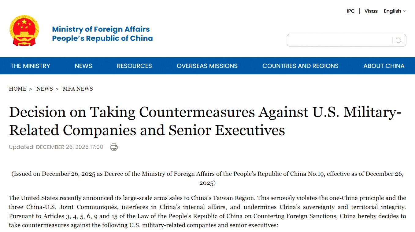 Tiongkok Ambil Tindakan Balasan terhadap Perusahaan-perusahaan yang terkait dengan Militer AS dan Para Eksekutif Seniornya