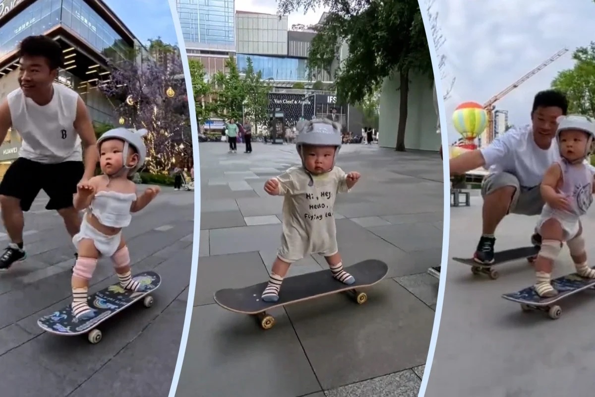 Viral! Bayi di Tiongkok Bermain Skateboard Sambil Pakai Pelindung Kepala dan Popok