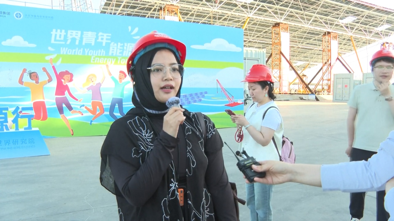 Para pemuda tersebut mengunjungi proyek fotovoltaik lepas pantai pertama Tiongkok dengan daya sejuta kilowatt yang terletak di daerah lepas pantai Kota Dongying